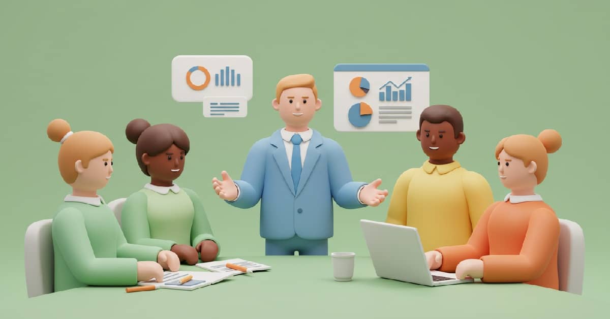 Executivo liderando reunião com equipe, discutindo estratégias de transformação comercial.